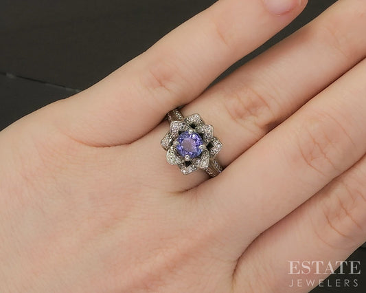 14k White Gold Natural Tanzanite & Diamond Flower Ladies Ring 7.7g p17566