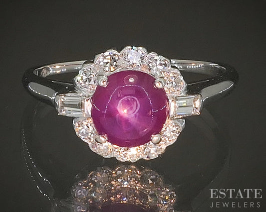 Vintage Palladium Natural Star Ruby & Diamond Ladies Ring 3.4g p20453