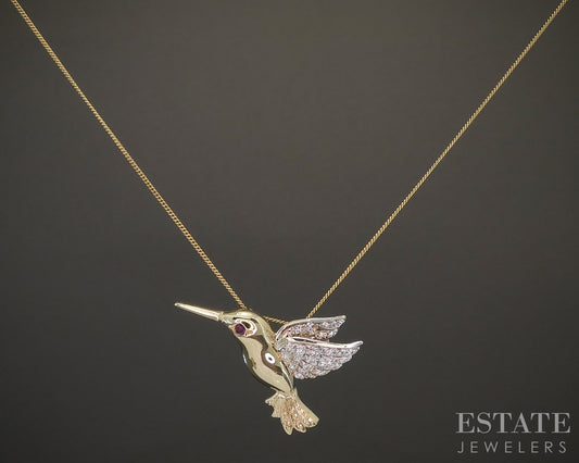 18k Yellow & White Gold Ruby & Diamond Hummingbird Necklace 6.5g 24"L p20578