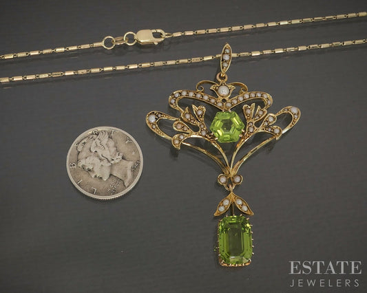 Antique Nouveau 15k Yellow Gold Natural Peridot & Pearl Necklace 8.9g p24111