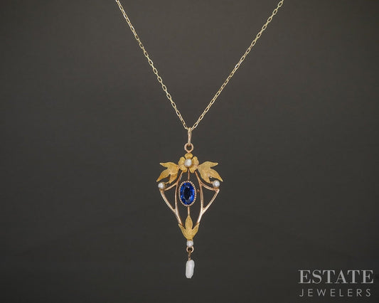 Antique Art Nouveau 10k Yellow Gold Blue Stone Pearl Necklace 2g 18"L p15741