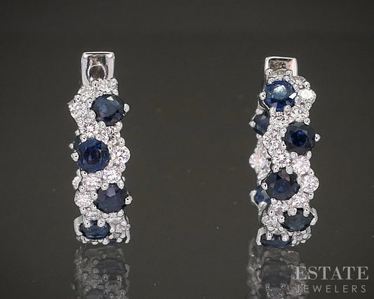 10k White Gold Blue Sapphire & Lab Diamond Huggie Hoop Earrings p22463