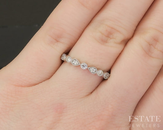 14k White Gold Stackable Millgrain Natural Diamond Band Ring p22562