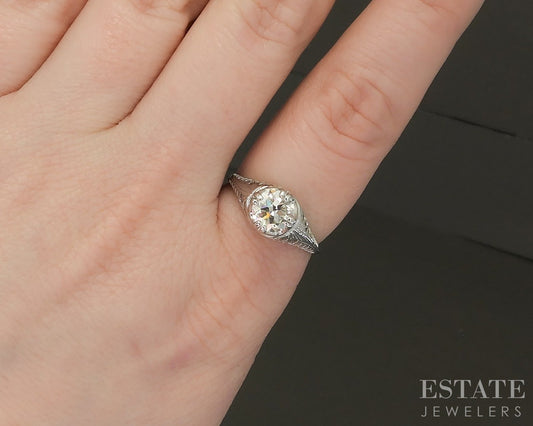 Antique 14k White Gold OEC Natural 1.10ct Diamond Filigree Solitaire Ring p18606