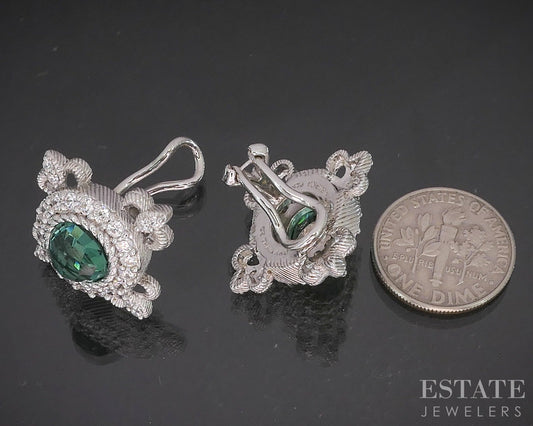 Sterling Silver Judith Ripka Green Quartz & CZ Clip On Earrings 12.7g p22700
