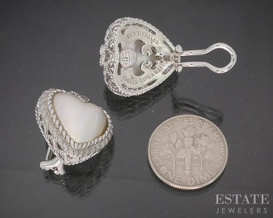 Sterling Silver Judith Ripka Mabe Pearl CZ Heart Clip On Earrings 10.8g p22730