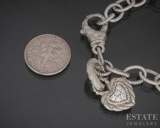 Sterling Silver Judith Ripka Heart Charm CZ Ladies Bracelet 17g 7.5"L p22824