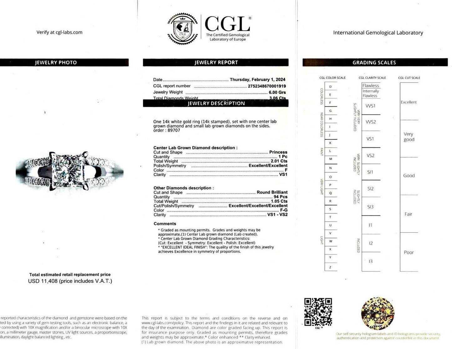 14k White Gold CGL Princess Lab Created 3.06ctw Diamond Engagement Ring p17792