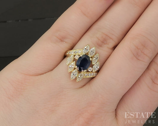 18k Yellow Gold Oval Natural Blue Sapphire & Diamond Cocktail Ring 5.6g p21512