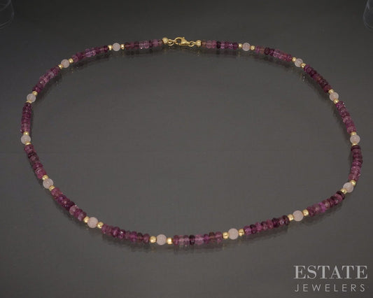 14k Yellow Gold Pink Tourmaline & Rose Quartz Beaded Necklace 13g 18"L p22853