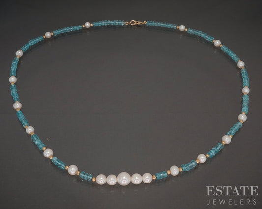 14k Yellow Gold 3.5mm Natural Apatite & Pearl Beaded Necklace 12.8g 18"L p22862