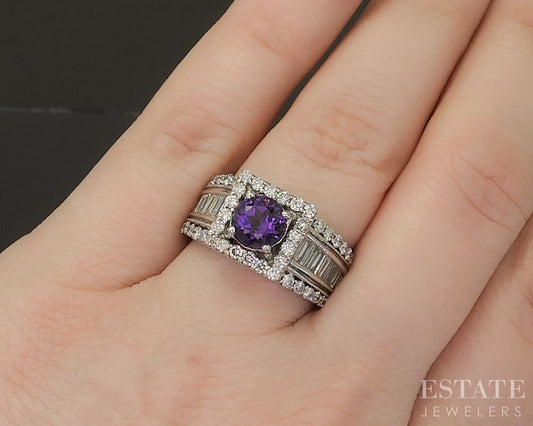 14k White Gold Round Natural Amethyst & Diamond Ladies Halo Ring 8.8g p17577
