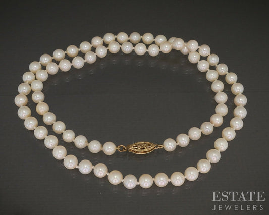 Vintage 14k Yellow Gold 5.5mm Cultured Akoya Pearl Necklace 18"L p20731