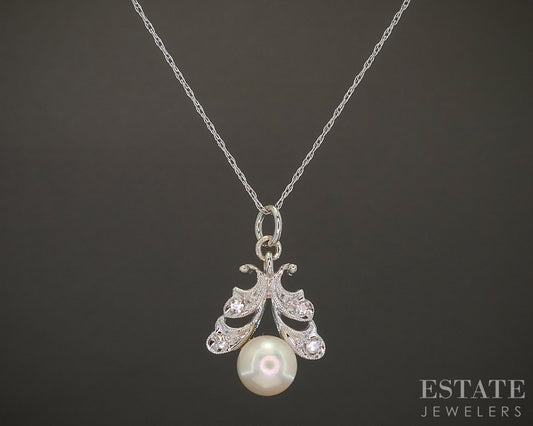 Vintage 10k White Gold Cultured Pearl & Diamond Ladies Necklace 1.8g 18"L p20716