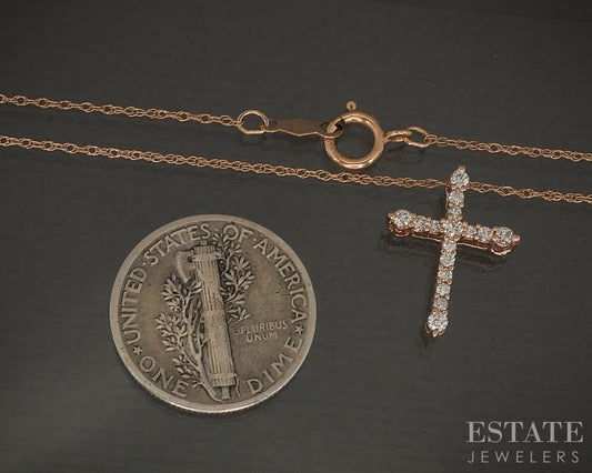 10k Rose Gold Natural .10ctw Diamond Cross Ladies Necklace 1g 18"L p19874b