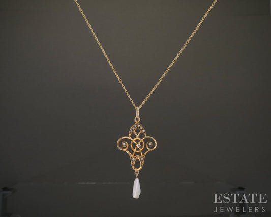 Antique 10k Yellow Gold Diamond & Seed Pearl Lavalier Necklace 1.8g p19369b