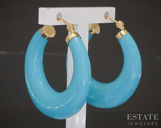 14k Yellow Gold Turquoise Hoop Ladies Earrings 8g p22044b