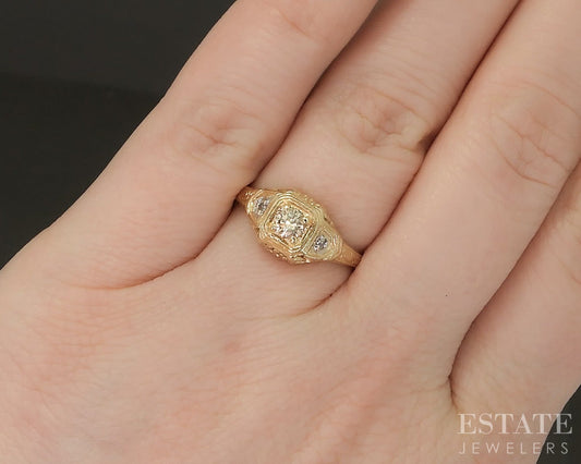 Antique 14k Yellow Gold Natural .12ctw Diamond Filigree Engagement Ring p21839b