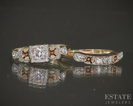 Antique 18k 14k Tri Colored Gold Natural .19ctw Diamond Wedding Set 3.5g p19116b