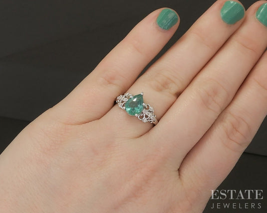New 14k White Gold 1.43ct Natural Pear Emerald & Diamond Engagement Ring p23484