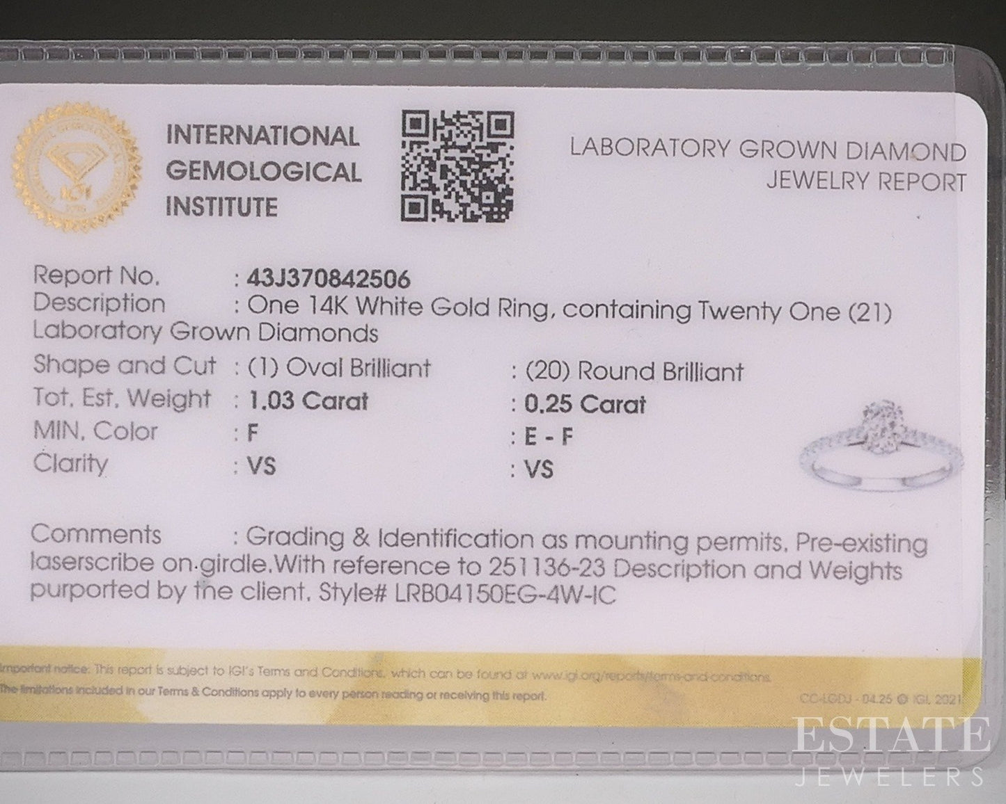 14k White Gold IGI Oval Lab Created 1.28ctw Diamond Engagement Ring 2.6g p15954