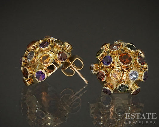 Vintage 14k Yellow Gold Natural Multi Gem Sputnik Button Earrings 4.2g p21170