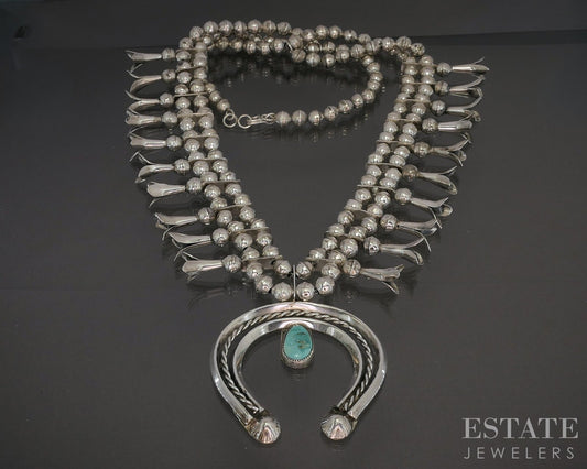 Sterling Natural Turquoise Navajo Signed Squash Blossom Necklace 114g p20963