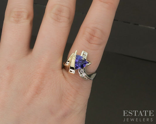 14k Two Tone Gold Trillion 2ct Natural Tanzanite & Diamond Ring 9.5g p22707