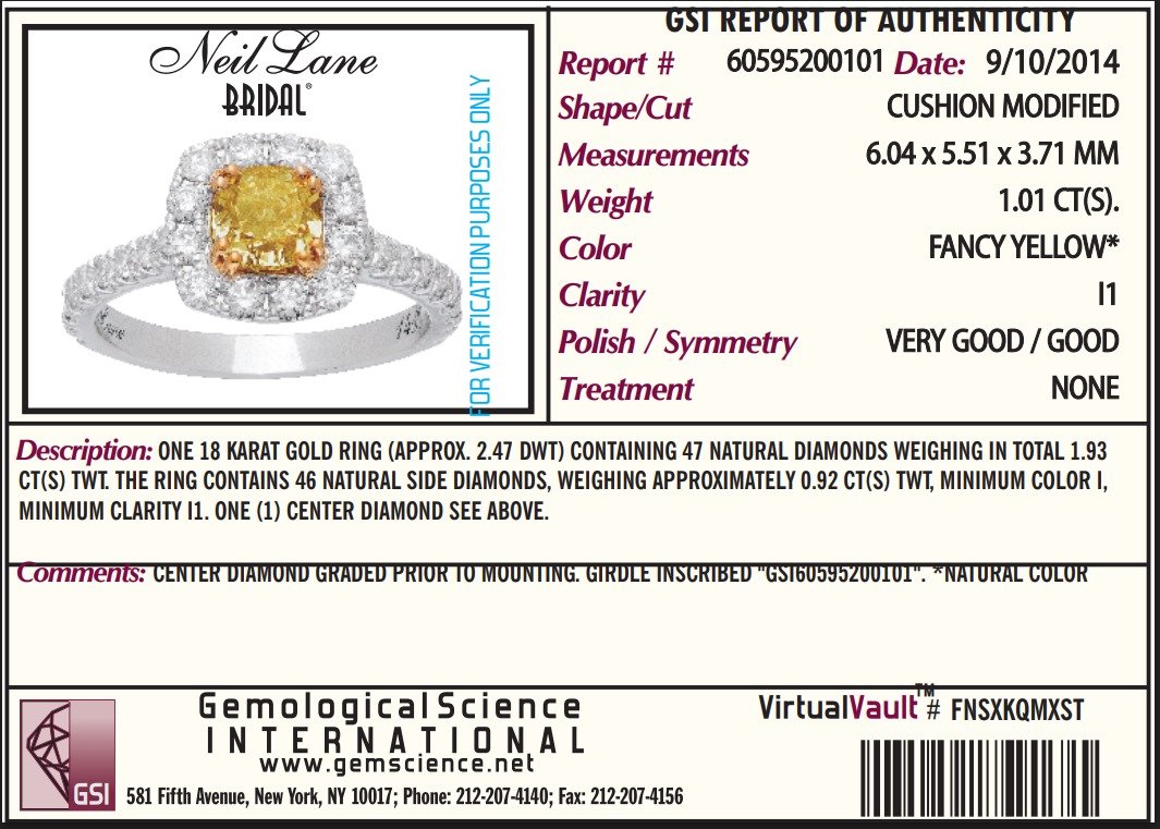 14k White Gold Natural 1.75ctw Fancy Yellow Diamond Engagement Ring 5.5g p22731