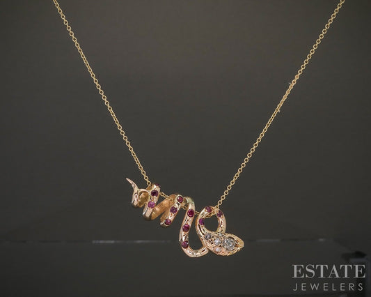 Antique Victorian 14k Yellow Gold Ruby & Diamond Snake Necklace 6.3g 20"L p22692