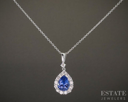 14k White Gold Pear Natural 2ct Tanzanite & Diamond Necklace 3.9g 21"L p22721
