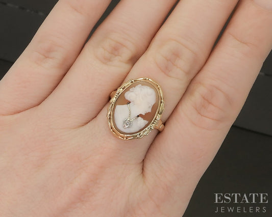 Antique 10k Yellow Gold Natural Cameo Diamond Ladies Ring 3.1g p18559b