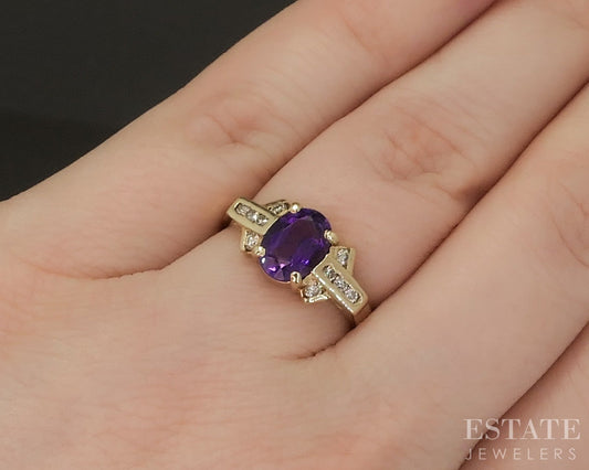 14k Yellow Gold Oval Natural Amethyst & Diamond Ladies Ring 2.9g p19299b