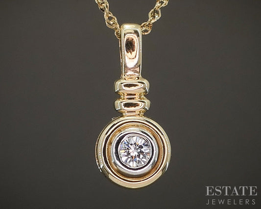 14k Yellow Gold Round Natural .08ct Diamond Bezel Solitaire Necklace 2g p20057b