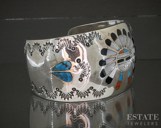 Vintage Sterling Multi Gem Sun God Navajo H. Spencer Cuff Bracelet 89g p23154