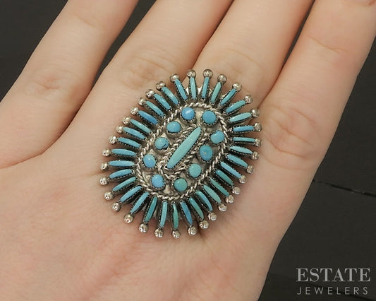 Vintage Sterling Zuni Eva L. Wyaco Natural Turquoise Needlepoint Ring 9g p23142