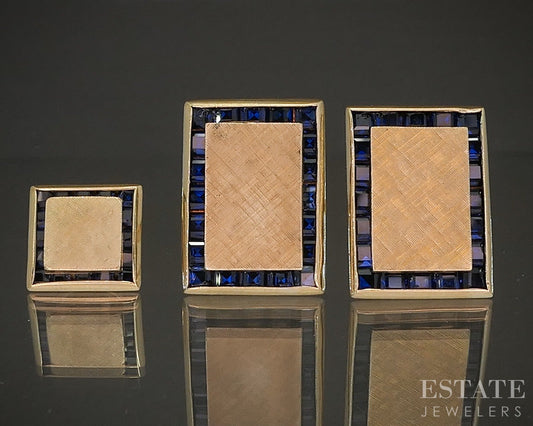 Vintage 14k Yellow Gold Blue Sapphire Men's Cufflinks & Tie Tac Set 14g p23006