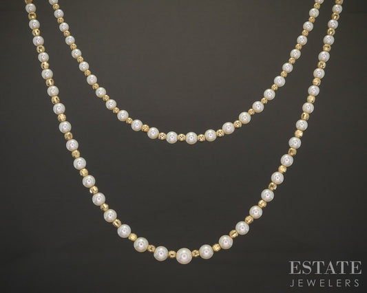 14k Yellow Gold 3-5.4mm Culutred Pearl Double Strand Necklace 10.8g 17"L p20534