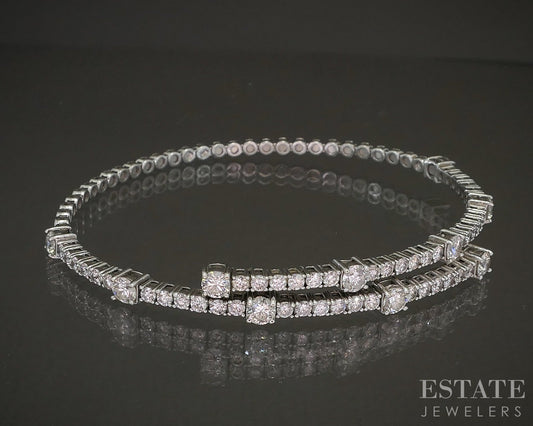 14k White Gold Natural 2.94ctw Diamond Flex Bypass Bangle Bracelet 11.5g p23059