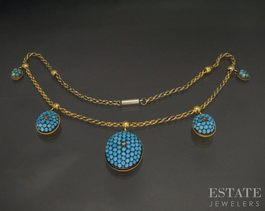 Antique Victorian 20k Yellow Gold Turquoise & Diamond Necklace 30g 17"L p23058