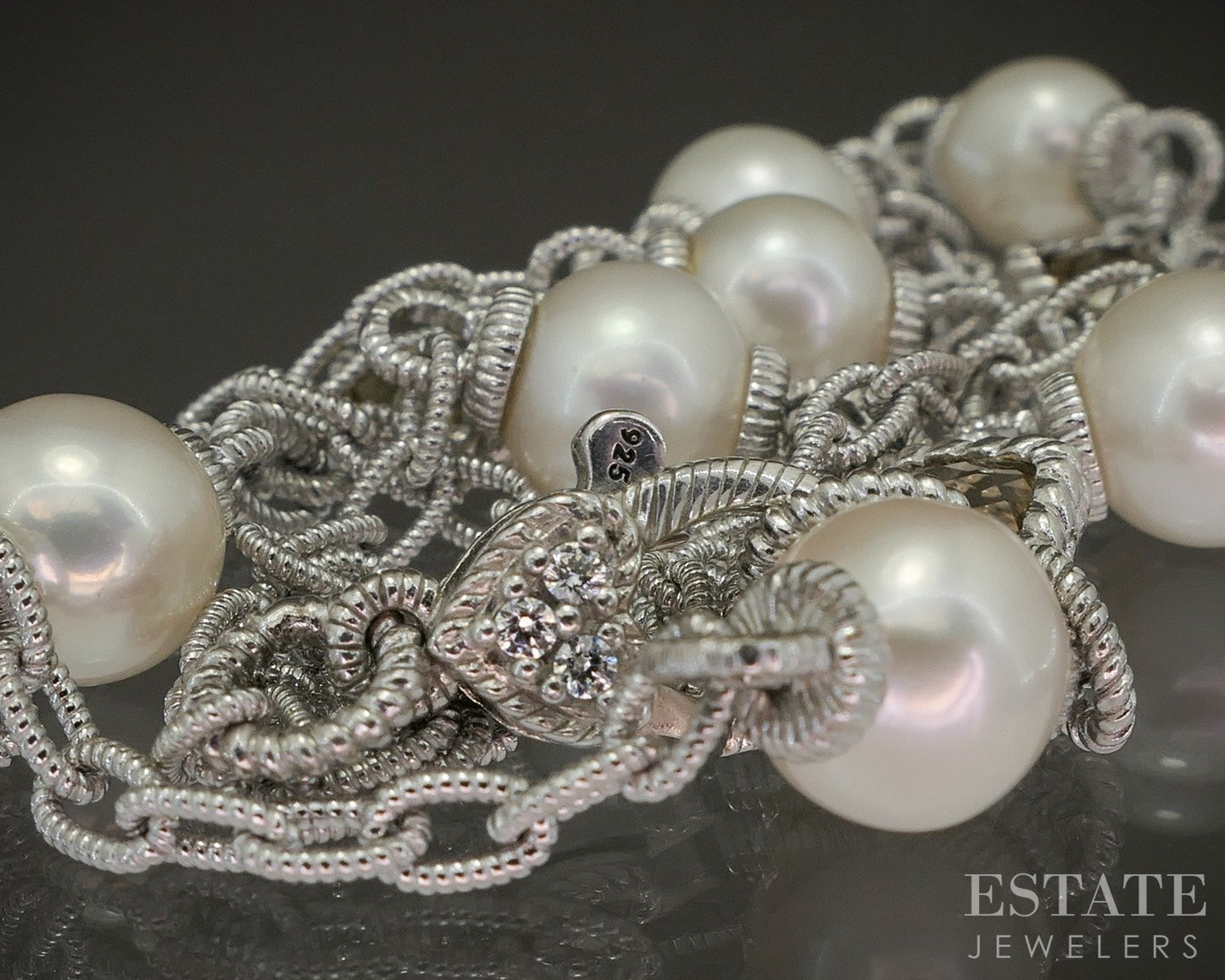Sterling Judith Ripka Pearl & Smoky Quartz Cable Link Necklace 17g 20"L p24419