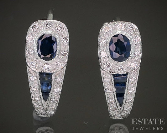 14k White Gold Natural Blue Sapphire & Diamond Hoop Earrings 3.7g p21639