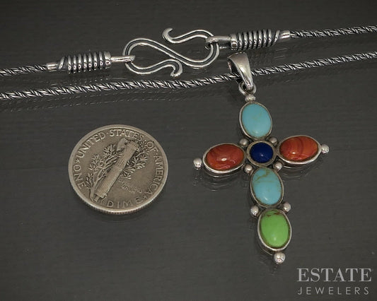 Sterling Silver Natural Multi Gem Ladies Cross Necklace 10g 20"L p20036