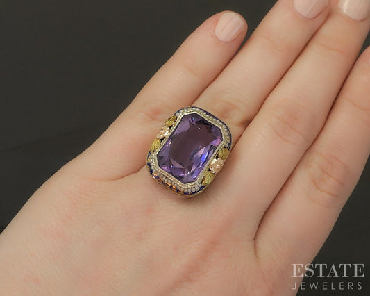 Antique Deco 14k Gold Natural Amethyst & Seed Pearl Filigree Ring 9.3g p22060