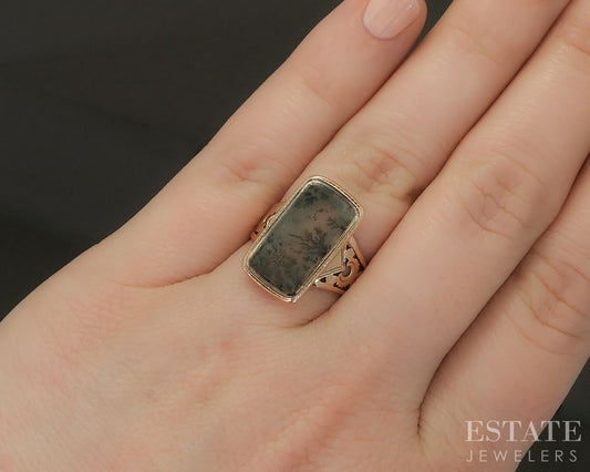 Antique Victorian 10k Rose Gold Natural Moss Agate Ladies Ring 3.2g p17831
