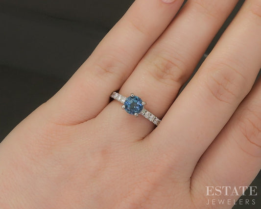 14k White Gold Round 1.19ct Natural Blue Topaz & Diamond Ring 2.7g p24375