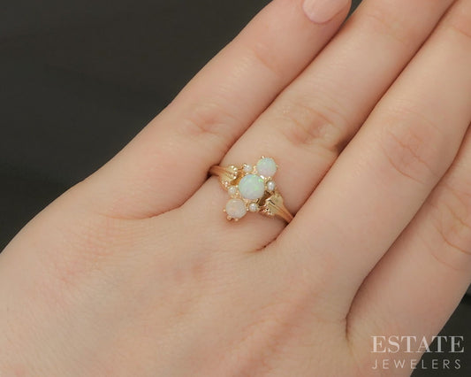 Antique Victorian 10k Yellow Gold Natural Opal & Seed Pearl Ring 2.2g p20808