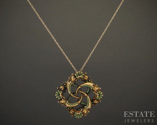 Vintage 14k Yellow Gold Green Enameled Pendant Ladies Necklace 3.1g p17835