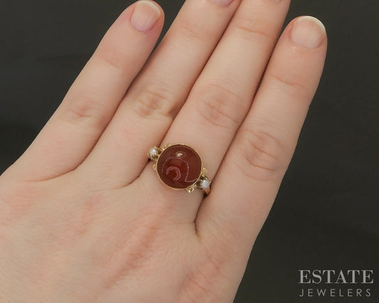 Antique Victorian 14k Yellow Gold Carnelian & Seed Pearl Ring 4.5g p62205