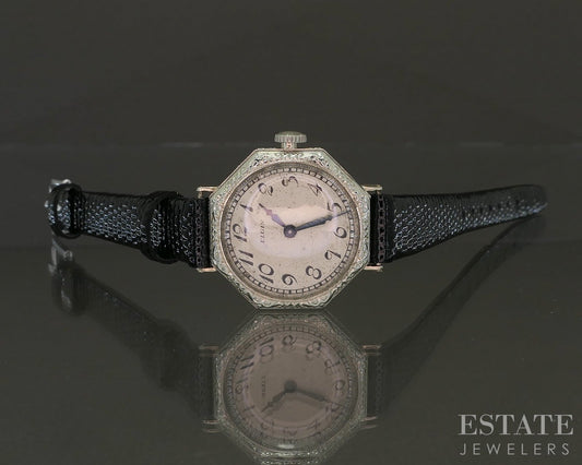 Antique Art Deco 14k White Gold Elgin Engraved Ladies Watch p21445